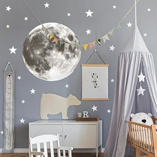 Full Moon Wall Decor Silver Star Wall Decals Peel and Stick Vinyl Space Wall Stickers & Murals Removable Boy Nursery Decor for Kids Girls Bedroom Playroom Living Room Classroom Kindergarten