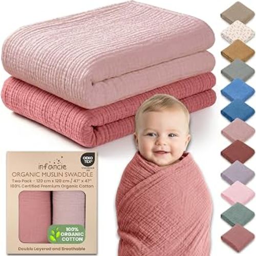 infancie 100% Organic Cotton 2 PK Baby Muslin Swaddle Blankets Girl 47x47in | Oeko-TEX Certified, Swaddling Blanket, Swaddle Blankets Baby Girl, Muslim Baby Blanket, Rose/Peach, For Baby Girls, Gets : Baby