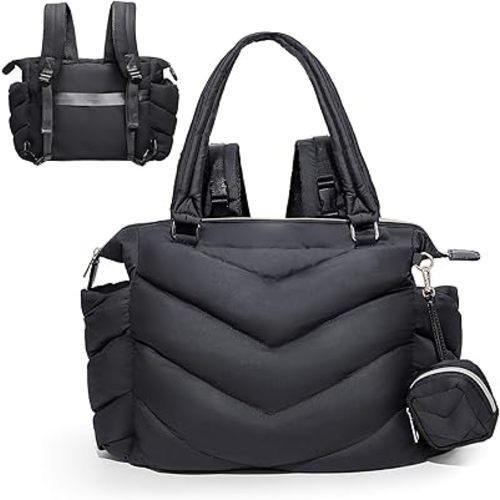 Diaper Bag Tote, Diaper Bag Backpack,Puffer Tote Bag with Pacifier Case, Lightweight Mommy for Hospital, Puffy with 10 Pockets, Convertible Baby for Travel, Black