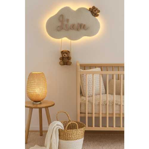 Nursery Wall light -  battery operated 12v back lit led-Boucle cloud with a peeping and swinging bear soft wall decor for nursery/kids room.