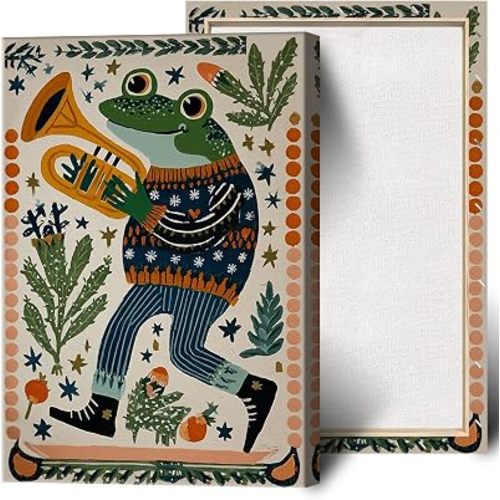 Vintage Frog Playing Tuba Nursery Poster Funny Toad Green Canvas Wall Art Cute Animal Kids Room Music Prints Painting For Playroom Home Bedroom Dorm Wall Decor 8x12in Wframed