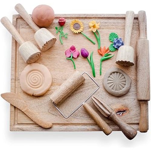 Playdough Tools for Kids Ages 2-4 | 7 Wooden Playdough Toys | Play Dough Sets for Kids | Playdough Accessories for Toddler | Sensory Toys | Sensory Bin Tools