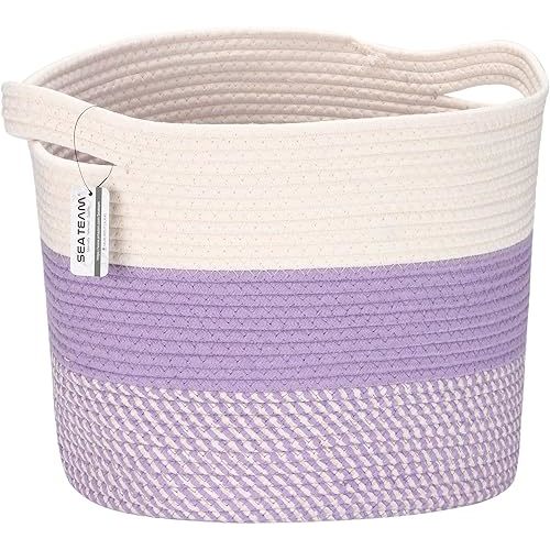 Sea Team Oval Large Cotton Rope Woven Storage Basket with Handles, White & Mottled Lavender, 16 x 13 inches