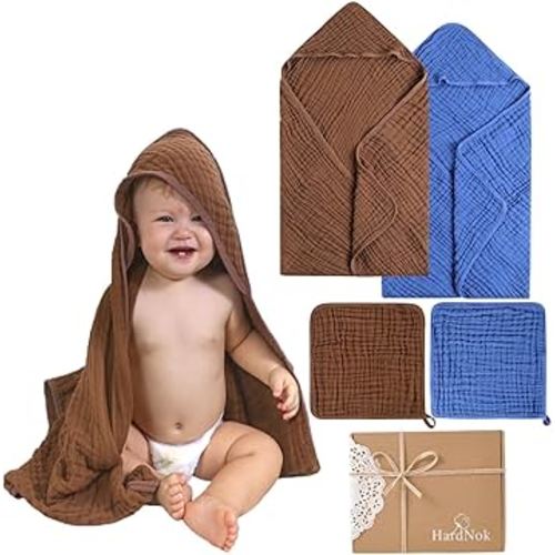 HardNok 4-Piece Muslin Baby Towel Set - 100% Organic Cotton, (2) 6-Layer 32x32 Towels & (2) Washcloths, Bath, Beach & Pool Gift Set (Coffee & Blue)