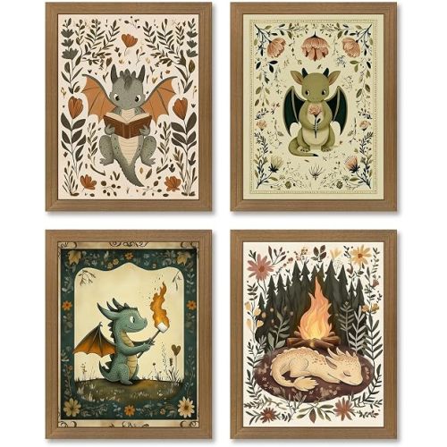 Nursery Dragon Canvas Wall Art Whimsical Baby Dinosaur Prints Wall Decor Cute Animals Reading Posters Fantasy Dragon Bedroom Artwork for Boys Girls Room 8x10x4 Inch Framed