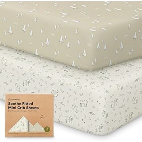 2-Pack Mini Crib Sheets Fitted - 38x26 Pack N Play Sheets for Pack and Play Mattress, Organic Cotton, Soft & Breathable Playard Bedding, Neutral Mini Toddler Bed Cover for Boys, Girls (Pine Grove)