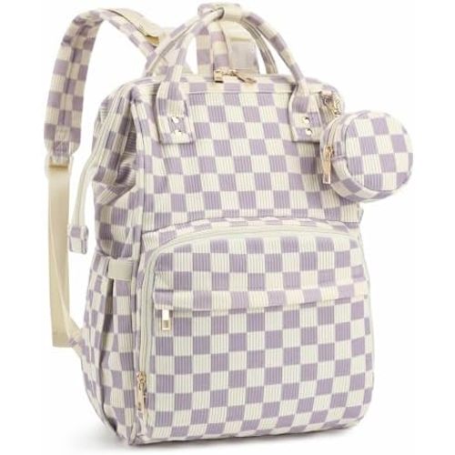 Corduroy Diaper Bag Backpack, Large Capacity Multifunction Baby Diaper Bags for Women, Insulated Bottle Pockets & Pacifier Case, Stylish Travel Nappy Changing Bags for Mom Dad (Checkered Purple)