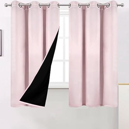 LEMOMO 100% Blackout Curtains 63 Inch Long Baby Pink Curtains 2 Panels with Black Liner Double Layer Full Room Darkening Bedroom Curtains (Baby Pink, W42 xL63
