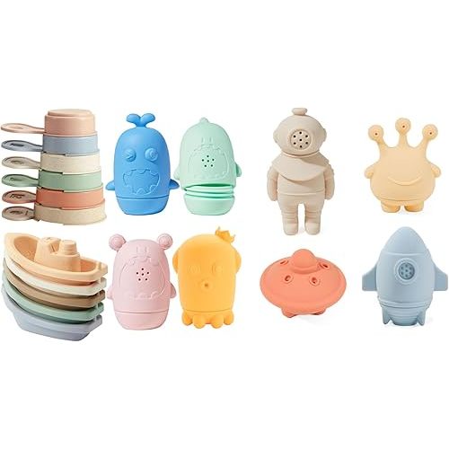 4 Pcs Silicone Space Toys & Baby Bath Toys 15 Pcs with Stackable Boats and Spoons
