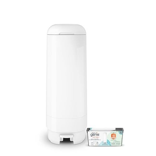 Diaper Genie Signature Diaper Pail with Easy Roll Refill 18 Bags, White | Hands-free odour-locking diaper disposal pail includes Easy Roll tear-off bags holding up to 846 newborn diapers.