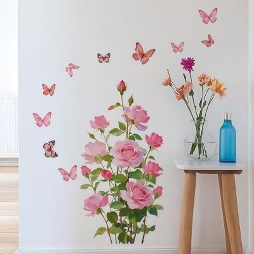 Flower & Butterfly Wall Stickers Decor - Floral Wall Decals Peel and Stick, Pink Rose Removable DIY Home Wall Art Decorations for Living Room Kitchen Office (B)