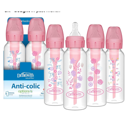 Dr. Brown's Natural Flow Anti-Colic Options+ Narrow Baby Bottle, Pink Floral, 8 oz/250 mL, with Level 1 Slow Flow Nipples, 0m+, 4 Pack