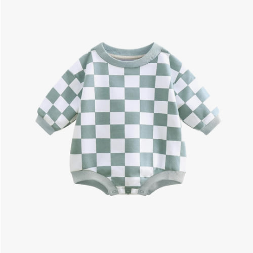 Bafeicao Baby Boy Girl Checkerboard Sweatshirt Romper Organic Cotton Checkered Bubble Romper Oversized Long Sleeve