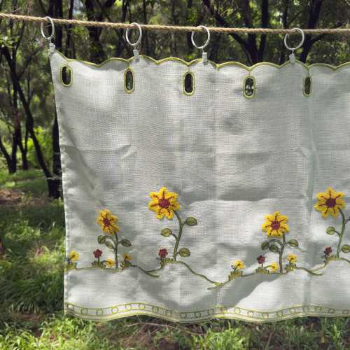 Kitchen Short Curtain,Farmhouse Style Embroidered Sunflower Curtain,Suitable as Embroidered Drapery for Cafe and Cabinets,Linen Half Curtain