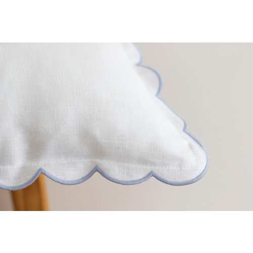 White Linen Scalloped Edge Pillow Cover with Pale Blue Detailing - 16x16&#39;&#39; size