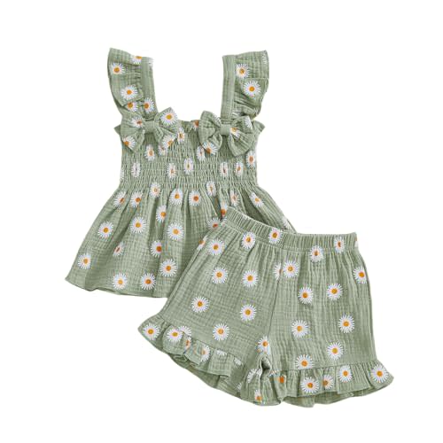 Toddler Baby Girl Outfit Summer Clothes Bow Print Bowknot Smocked Camisole Tank Top Ruffle Shorts Set