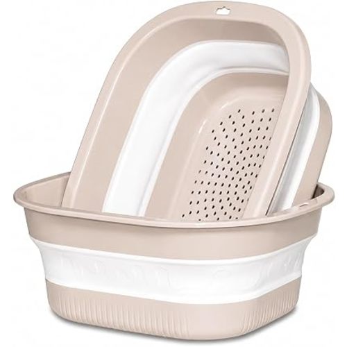 Collapsible Colander & Wash Basin Set, 2-in-1 Foldable Dishpan with Drain Holes, Space-Saving Kitchen Sink Tub for Washing Fruits, Vegetables, Meal Prep & Kitchen Use (Pink)