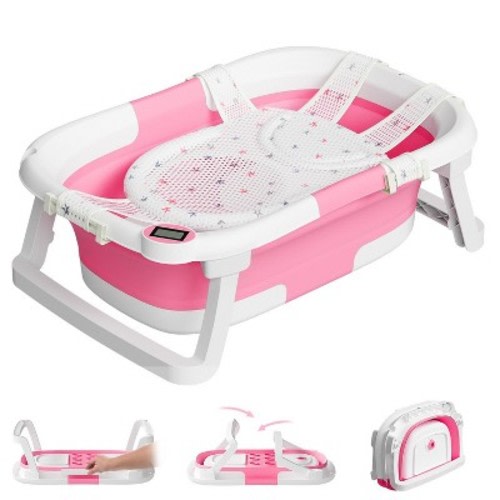 TUMAJUP Collapsible Baby Bathtub for Infants and Toddlers with Bath Net and Thermometer-Hot Pink