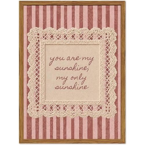 Framed You Are My Sunshine Wall Art, Vintage Pink Nursery Inspirational Quote Pictures Wall Decor, Coquette Lace Striped Paintings Canvas Prints for Girl Baby Kids Bedroom Living Room 12x16 inch