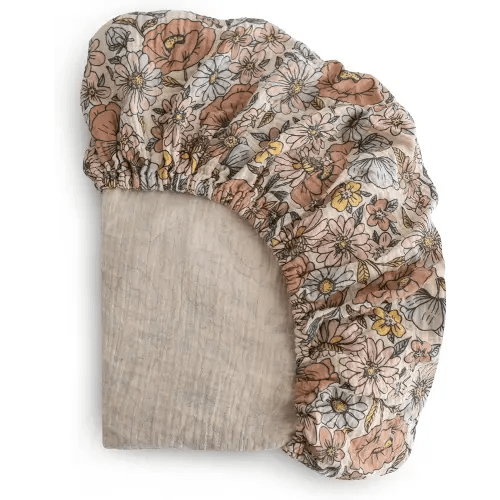 mushie Extra Soft Muslin Fitted Crib Sheet | 192 Thread Count | 28"x 52" (Retro Flowers)