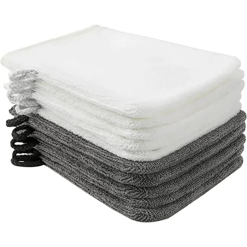 PHOGARY 10 Pack Microfiber Body Wash Mitts, Soft Face Mitten, Bath Spa Cloth, Reusable Makeup Remover Mitt Gloves, European Style Wash Cloth,6×8inch, White and Grey