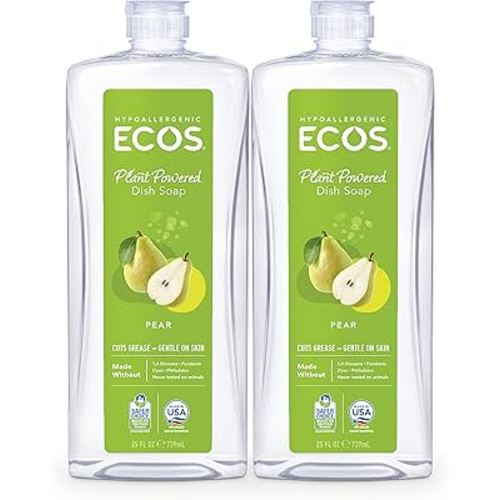 ECOS Dish Soap - Cuts Grease & Food Residue - No Harsh Chemicals - Hypoallergenic for Sensitive Skin - Biodegradable Formula, Recyclable Sustainable Liquid Dishwashing Soap - Natural Pear (Pack of 2)