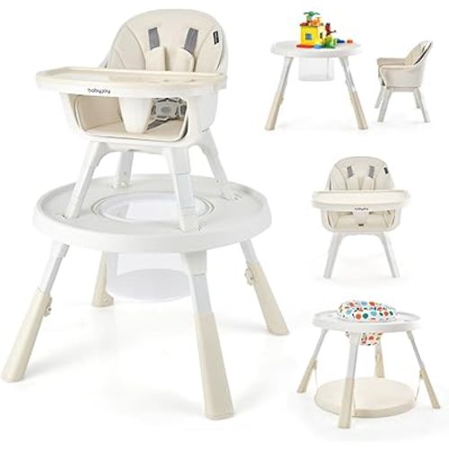 BABY JOY 7 in 1 Baby High Chair, Convertible High Chairs for Babies and Toddlers, Building Block Table, Toddler Chair with Adjustable Legs, Removable Tray, Storage Basket, Safety Harness (Beige)