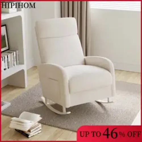 HIPIHOM Ergonomic Reclining Rocking Chair - Plush White Fabric Armchair, Living Room Furniture for Apartment Use & Soothing Babies,dorm essentials,home decor - TikTok Shop