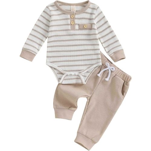 Pivanzore Newborn Baby Boy Clothes Pants Outfits Toddler Striped Long Sleeve Romper Bodysuit Set Soft 2025 Fall Winter Outfit (Khaki, 3-6 Months)