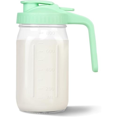 Mason Jar Pitcher, 32 oz Glass Milk Pitcher, Wide Mouth & Leakproof Glass Pitcher with Lid for milk, Sun Tea, Juice, Cold Brew Coffee and Drinks