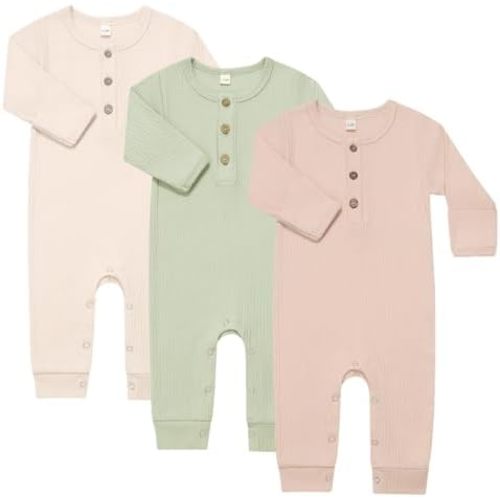 Bafeicao Baby Boy Girl 3 Pack Solid Romper Ribbed Cotton Long Sleeve Jumpsuit Infants Outfits Clothes with Mitten Cuffs