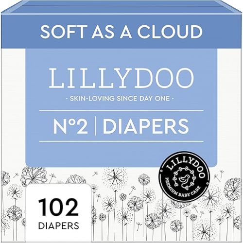 LILLYDOO Baby Diapers - Size 2 (9+ lbs), Half-Monthly Supply (102 Count), Leak Protection, Skin-Friendly, Ultrasoft, Perfume- & Chlorine-Free, Hypoallergenic, Dermatologist Tested, Oeko-TEX®