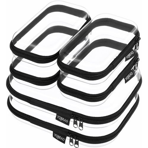 6 Pack Black Clear Hard Shell Beauty Organizer (2M+4S), 1.2mm Heavy Duty Crush-Proof Cosmetic Case, Reinforced YKK Zippers, Stadium Approved Security Bag for Skincare & Electronics, Multi-Size Set