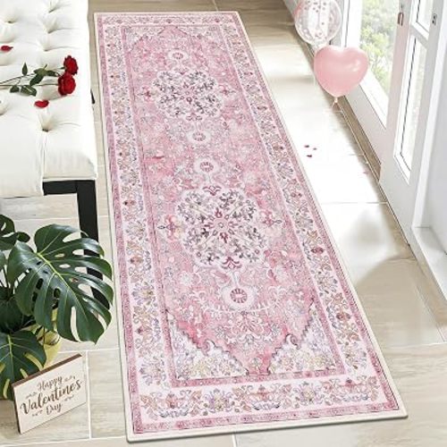 U'Artlines 2' x 6' Hallway Runner Rug, Pink Non Slip Washable Vintage Farmhouse Accent Rug Runner Carpet for Kitchen Entryway Laundry and Living Room(Peach Pink)