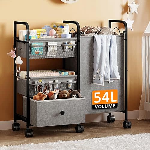Cidaziya 2In1 Baby Diaper Caddy Organizer with Laundry Hamper, 3 Tier Rolling Cart with Dividers and Drawers