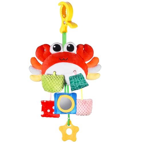 ACGROW Car Seat & Stroller Toys for Baby, Sensory Toy for Babies, Crib Toys Hanging with Clip, Bell, Drawstring, Crinkle, Teether, Carseat Toys for Travel Gift Boys Girls Crab
