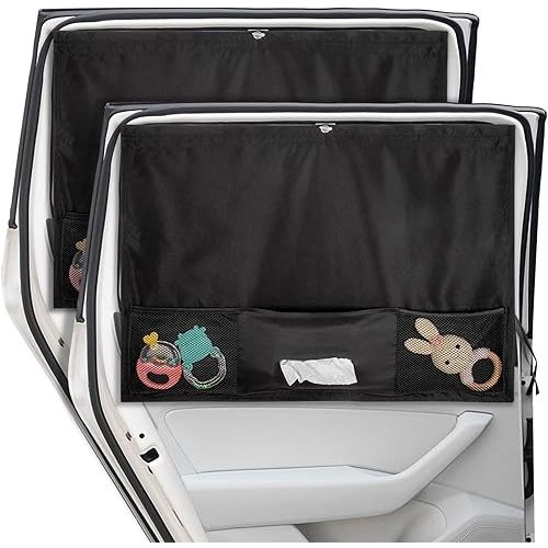 Car Window Shades, 2 Pcs 5 Suction Cups Car Sun Shade for Baby with Car Tissue Holder & Storage Net Pocket for Heat/UV Protection Sun Block Covers, Car Camping Accessories