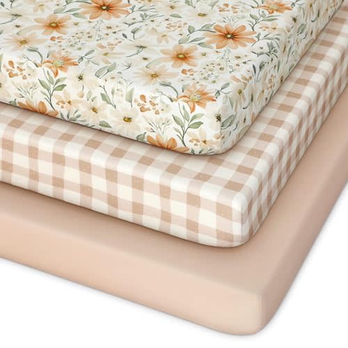 Pack and Play Sheets Fitted 3 Pack, Mini Crib Sheets for Pack N Play Mattress Stretchy Portable Playard Sheets, Soft Breathable Orange Flowers & Plaid