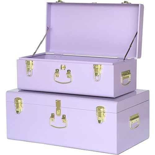 Vixdonos Storage Trunk Chest Decorative Large Metal Box Set of 2 College Dorm Organizer with Hardware Hasps and Handle for Home Deocr,23.7X14.2X9.5 Inches