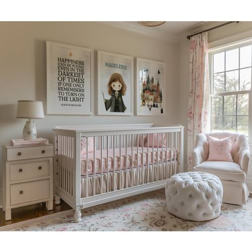 Set of 3 Custom Name Cute Wizard School Prints Happiness Can Be Found In Even The Darkest Playroom Watercolor Nursery Wall Art Baby Girl