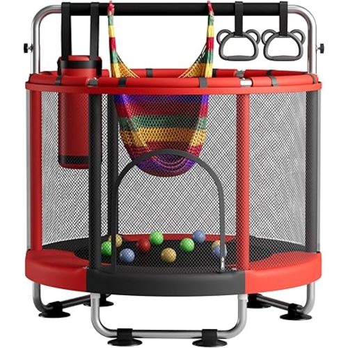 55" Trampoline for Kids with Enclosure, 440lbs Capacity Indoor & Outdoor Toddler Trampoline with Adjustable Gymnastics Bar & Toys, for Boys & Girls