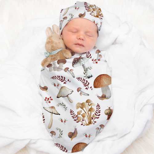 Mushroom Swaddle Set Soft & Stretchy Swaddle with Hat Headband Forest Mushroom Fungi Minky Blanket Vintage Mushroom Nursery Bedding