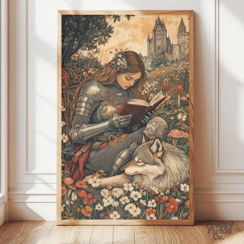 Lady Knight Reading Wall Art, Whimsical Decor, Moody Fairytale Aesthetic Posters, Light Academia Print, Bookworm Gift, Printed and Shipped