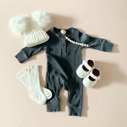 Gray Ribbed Baby Jumpsuit: Cotton Baby Jumpsuit in Gray
– LUCKY PANDA KIDS