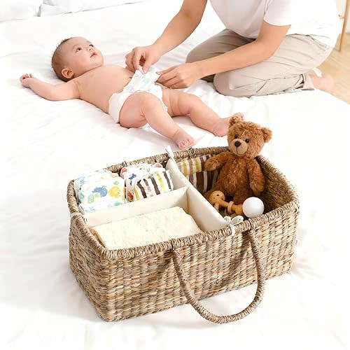 Premium Wicker Baby Diaper Caddy Organizer, Woven Seagrass Basket with Handles, Diaper Basket with Dividers (Rectangle)