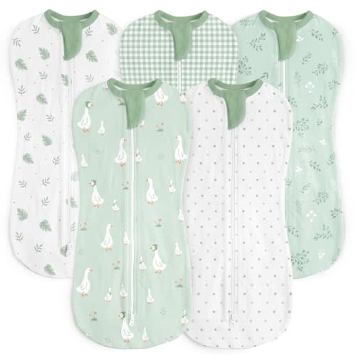 Baby Swaddle 0-2 Months, 5-Pack Cotton Arm-In Zipper Sleep Sack, Wearable Blanket Wrap (Goose, Botanical, Green Leaf, Gingham, Polka Dot)