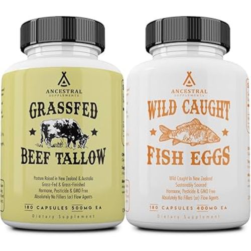 Ancestral Supplements Grass-Fed Beef Tallow 3000mg & Wild Caught Omega 3 Fish Oil 2400mg Capsules, Nourishing Kidney Fat & Fish Eggs Supplements, Vitamins D/K2, Non-GMO, 180 Capsules (Bundle 2 Pack)