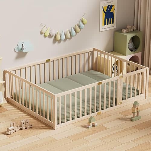 LLS Full Size Floor Bed with 21.6" High Fence for Kids Boys Girls, Solid Wood Multifunctional Montessori Bed Frame with Door, Without Slats, Natural