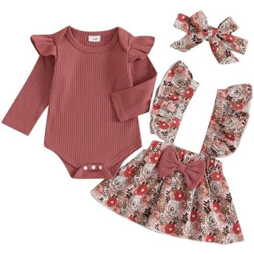 3-6M Baby Girl Fall Winter Outfits Newborn Long Sleeve Ruffle Romper Plaid/Floral Suspender Skirt Set 3Pcs Infant Clothes