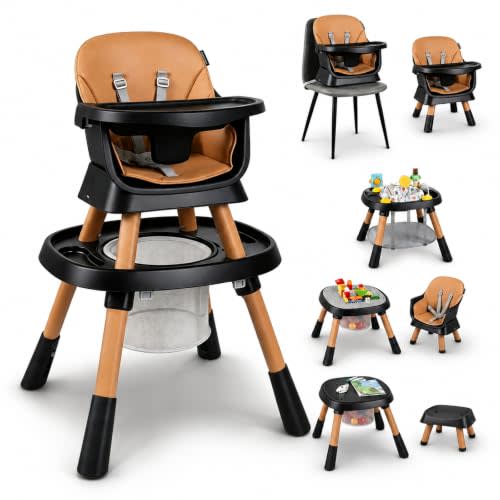 HONEY JOY 16-in-1 Baby High Chair, Convertible Highchair for Babies and Toddlers/Booster Seat/Activity Center with Toys, Building Block Table & Stool, Safety Harness, Removable Cushion & Tray (Coffee)